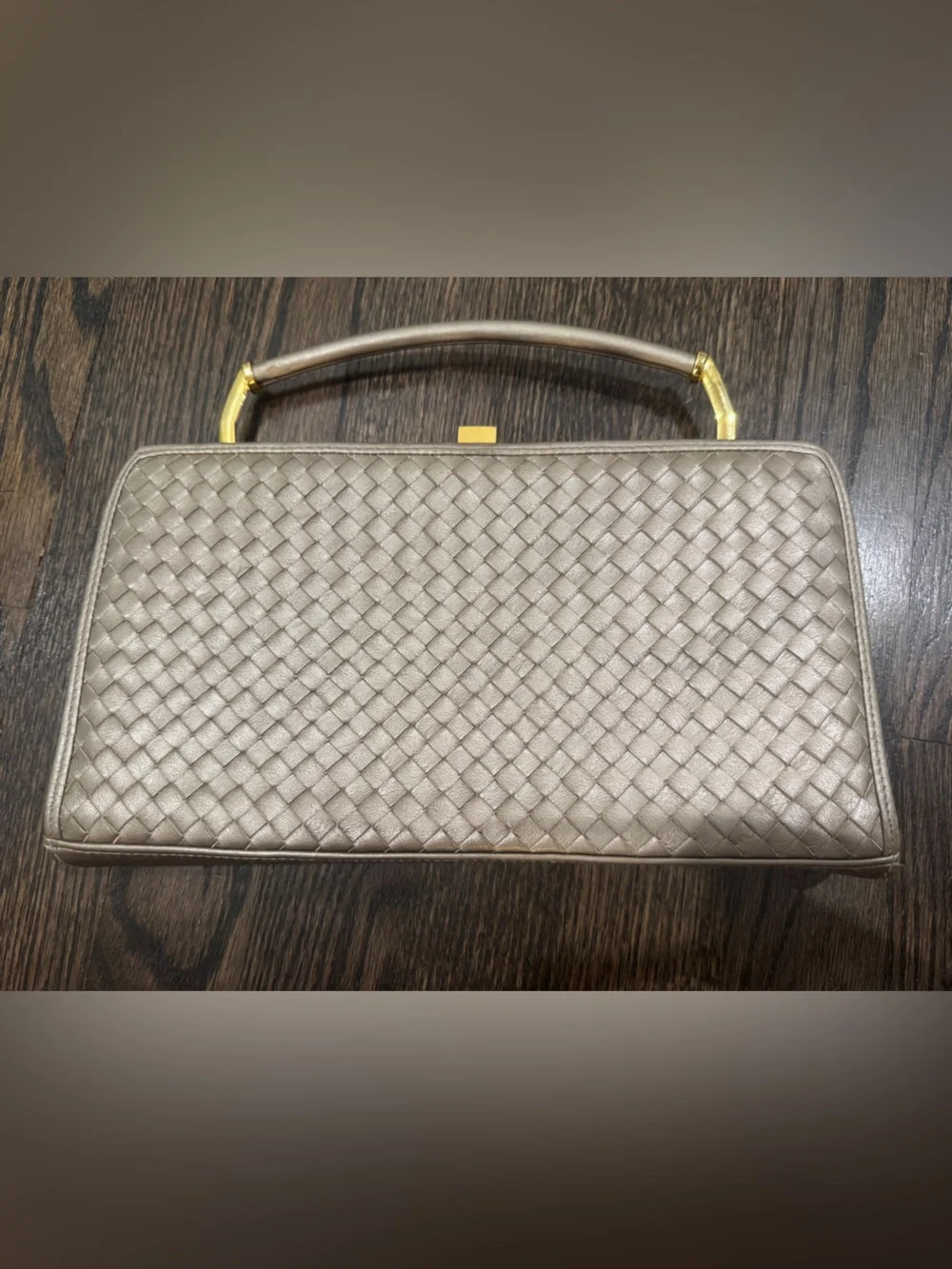 Vintage Ganson Metallic Woven Top Handle Clutch Purse Champagne Gold Evening Bag